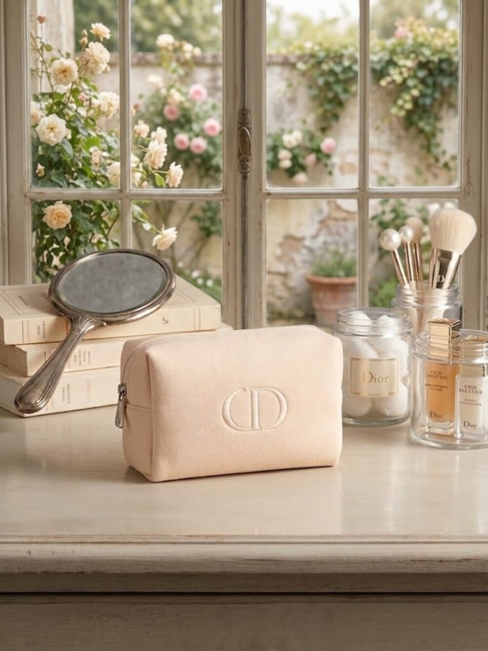 Dior Embossed CD Logo Travel Toiletry Cosmetic Pouch Light Pink Zip Closure Bag